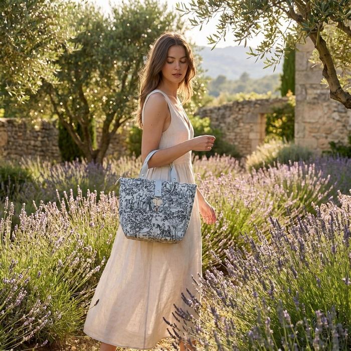 Sac à dos toile de Jouy porté dans un champ de lavande