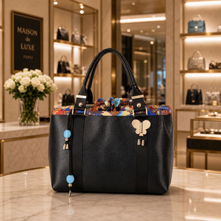 Sac en cuir noir à doublure foulard, présenté en boutique de maroquinerie