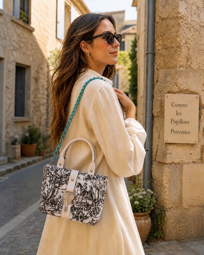 Femme portant un sac menthe Comme les Papillons dans une rue parisienne