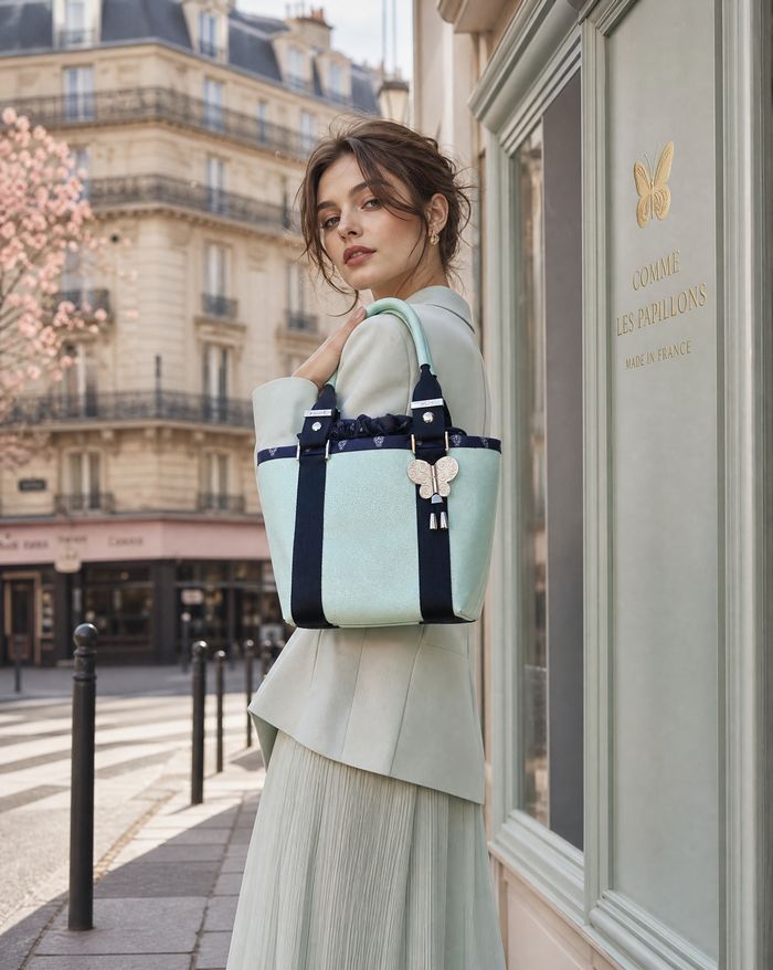 Femme portant un sac menthe devant la boutique Comme les Papillons à Paris