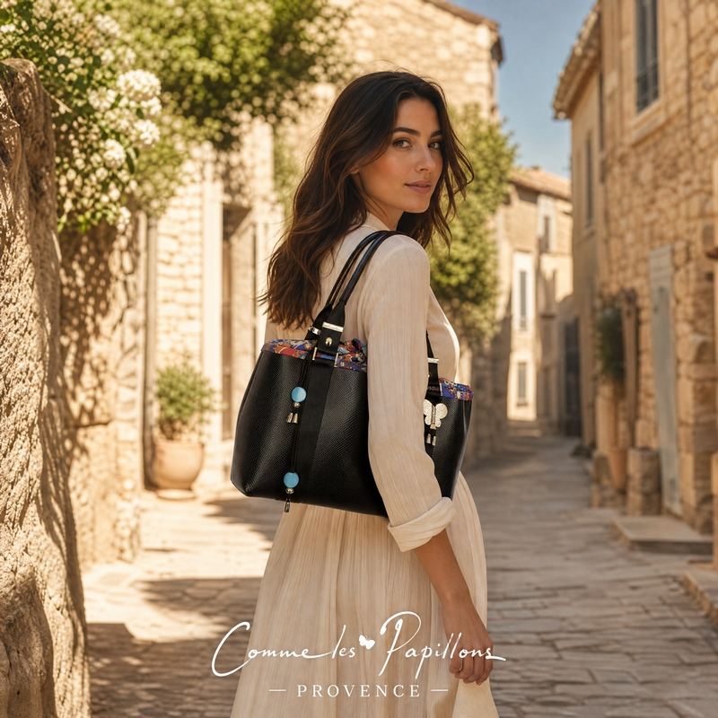 Sac en cuir noir Comme les Papillons, village de Provence
